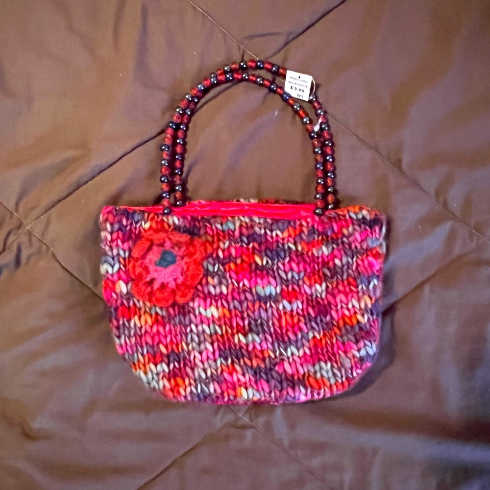 Knitted pink, red, purple with flower small handbag NWT
